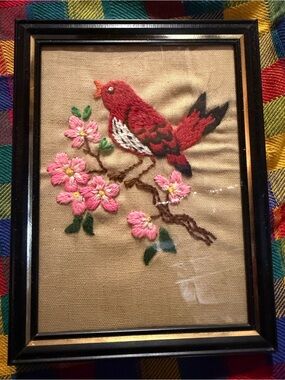 Vintage Embroidered  Red Bird CrewlWall Art